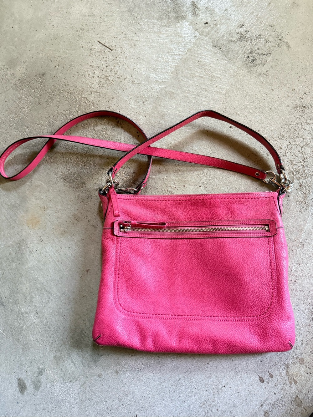 Coach Bright Pink Fuschia Leather Crossbody Bag with Top and Front Zip Pocket